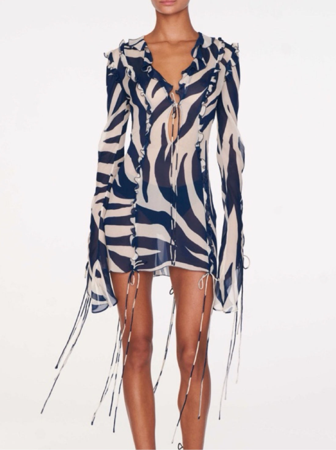 Annika Zebra Mini Dress in navy and cream with draped fringe sleeves — Rat & Boa | Endless UAE