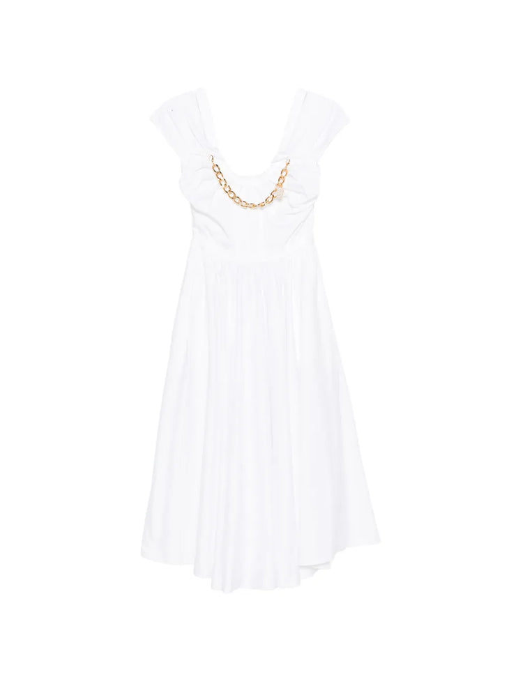 White stretch cotton dress with cold-shoulder sleeves and open back — Elisabetta Franchi | Endless UAE