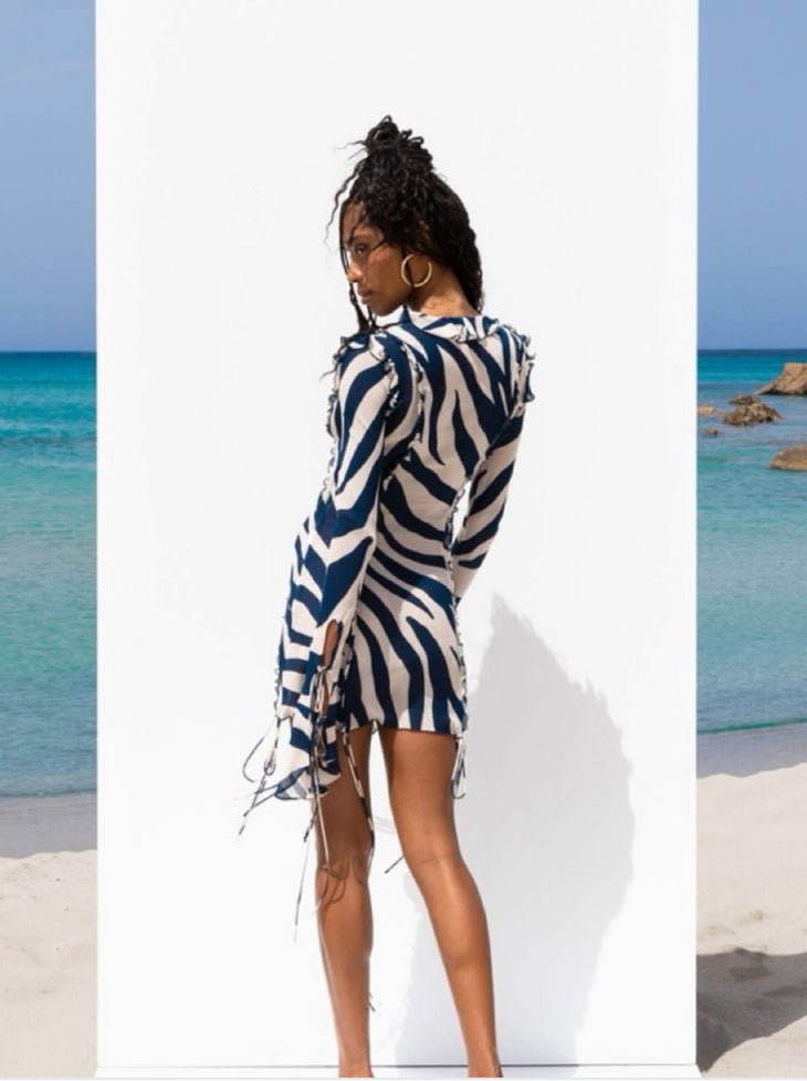 Annika Zebra Mini Dress in navy and cream with draped fringe sleeves — Rat & Boa | Endless UAE