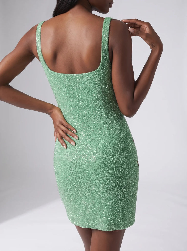 Green hand-beaded crystal mini dress with botanical motifs — Oceanus | Endless UAE