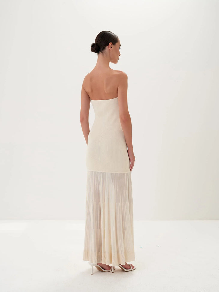 Cream ribbed strapless maxi gown with detachable scarf collar and pleated hem — Nora The Label | Endless UAE