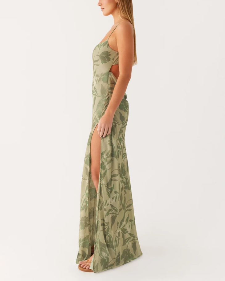 Alouette Dress in green floral print with thin straps and thigh slit — Peppermayo | Endless UAE