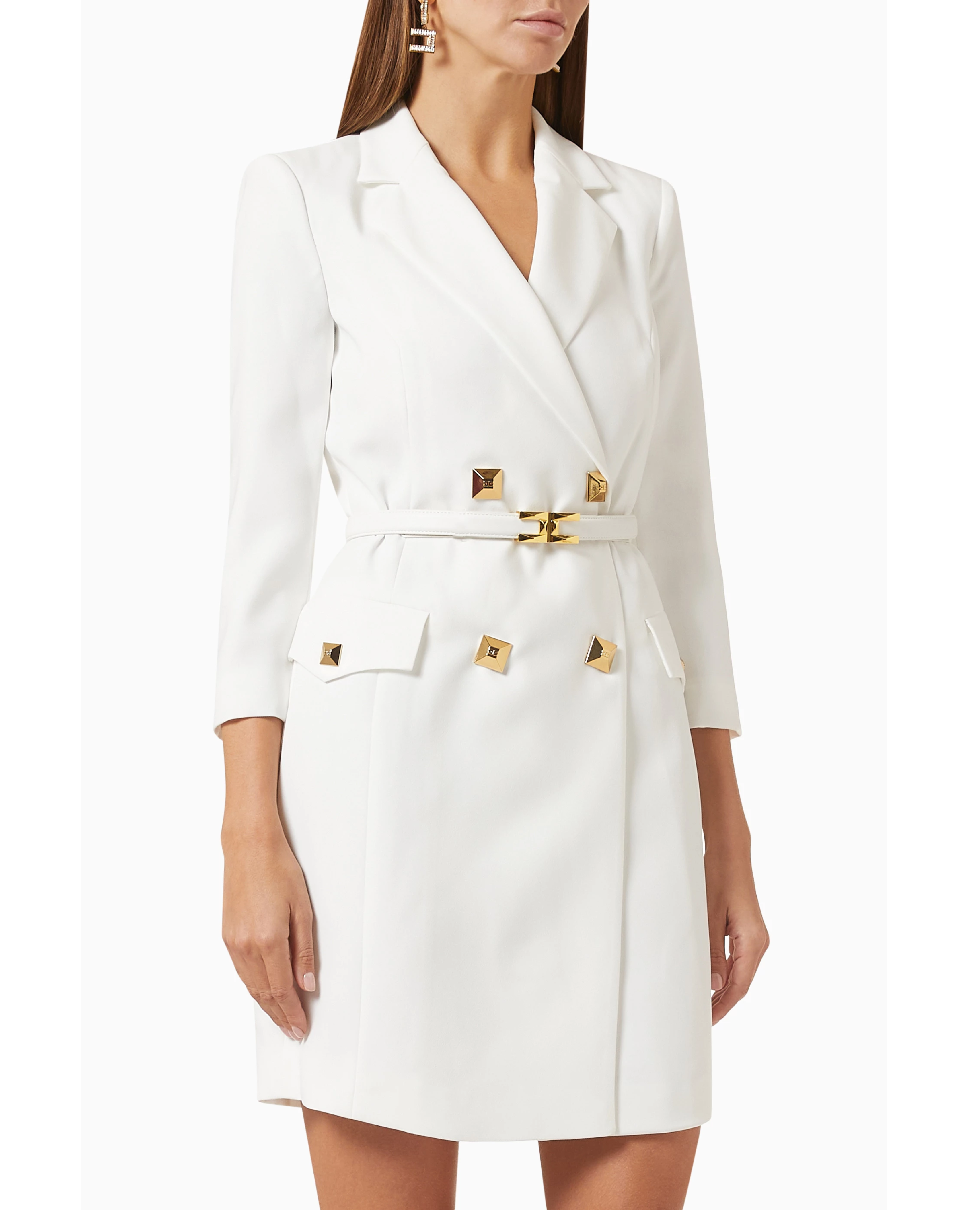 White belted studded mini dress with long sleeves — Elisabetta Franchi | Endless UAE