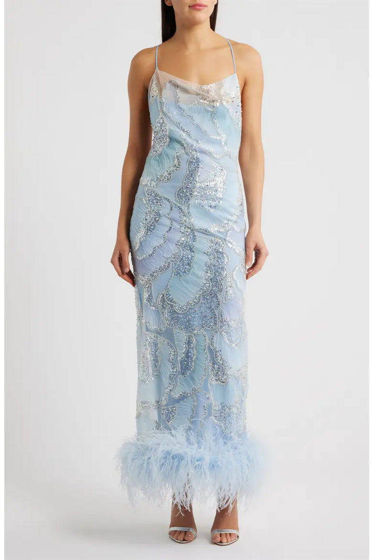Light blue sequined gown with ostrich feather hem and thin straps — Delfi | Endless UAE