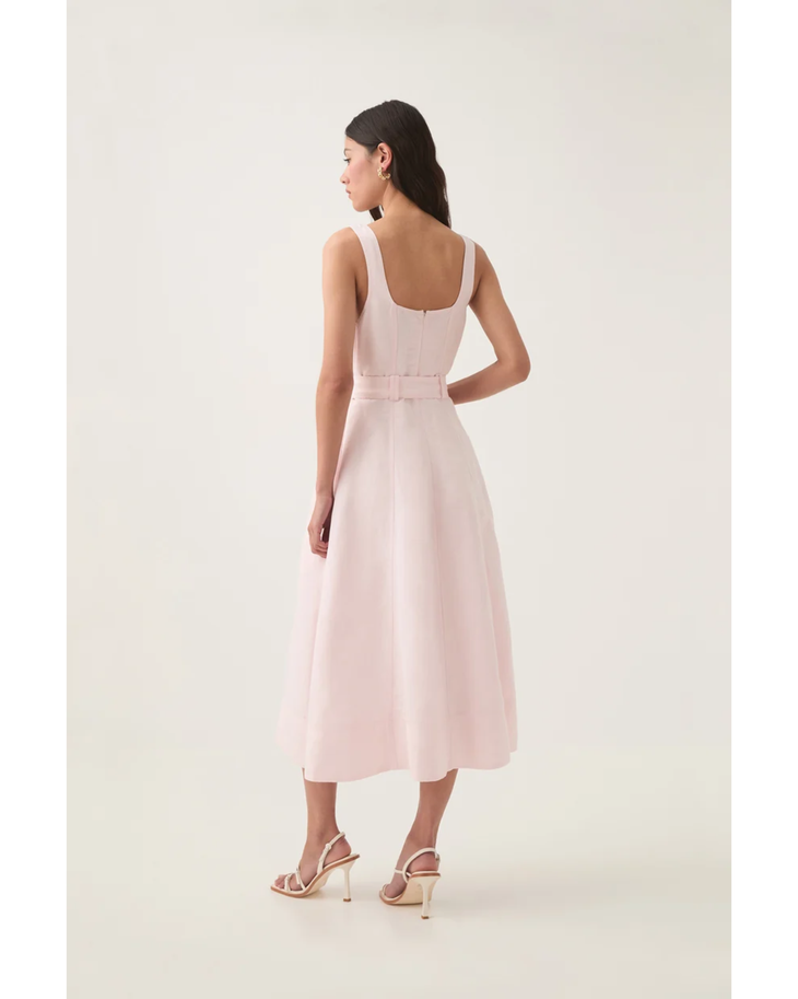 Pale pink sleeveless midi dress with sweetheart neckline, gold button front, and gold belt — Aje | Endless UAE