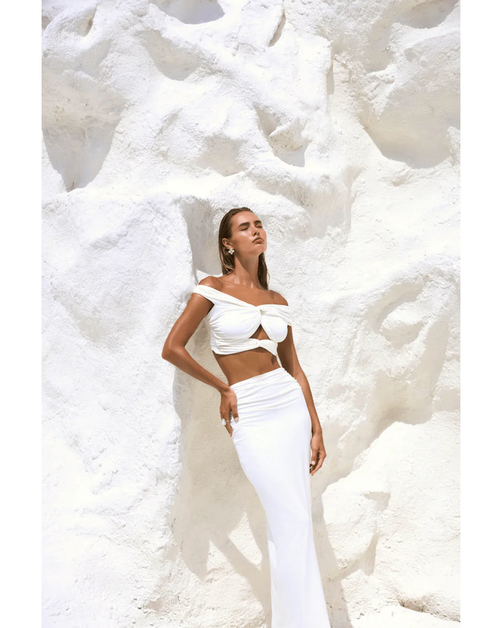White off-shoulder crop top and ruched skirt co-ord set — By ALLE | Endless UAE