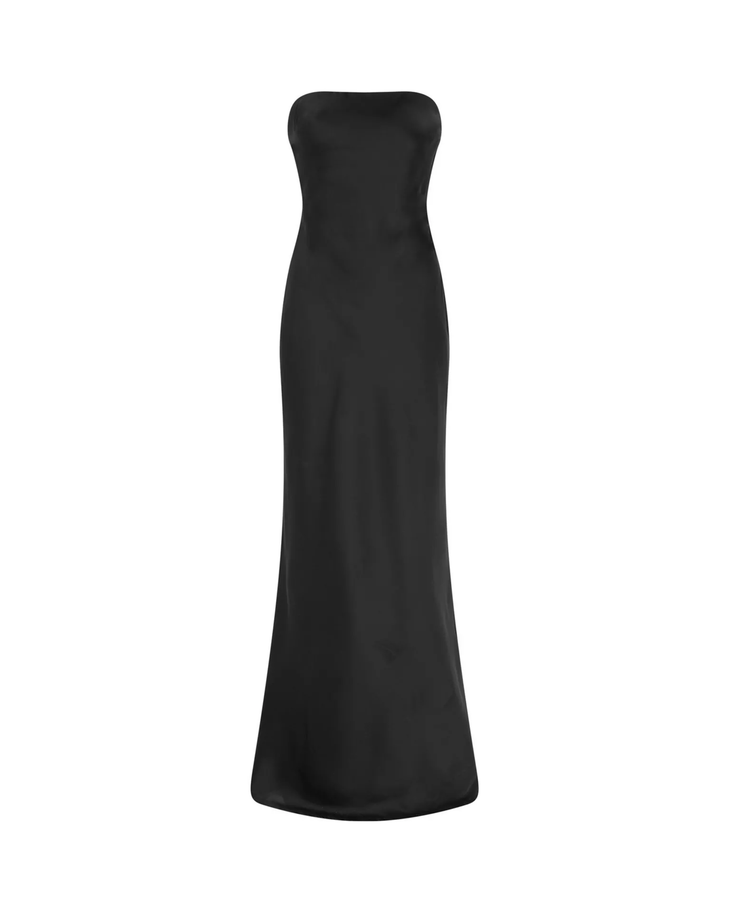 Woman wearing black strapless satin maxi dress — Omnes | Endless UAE