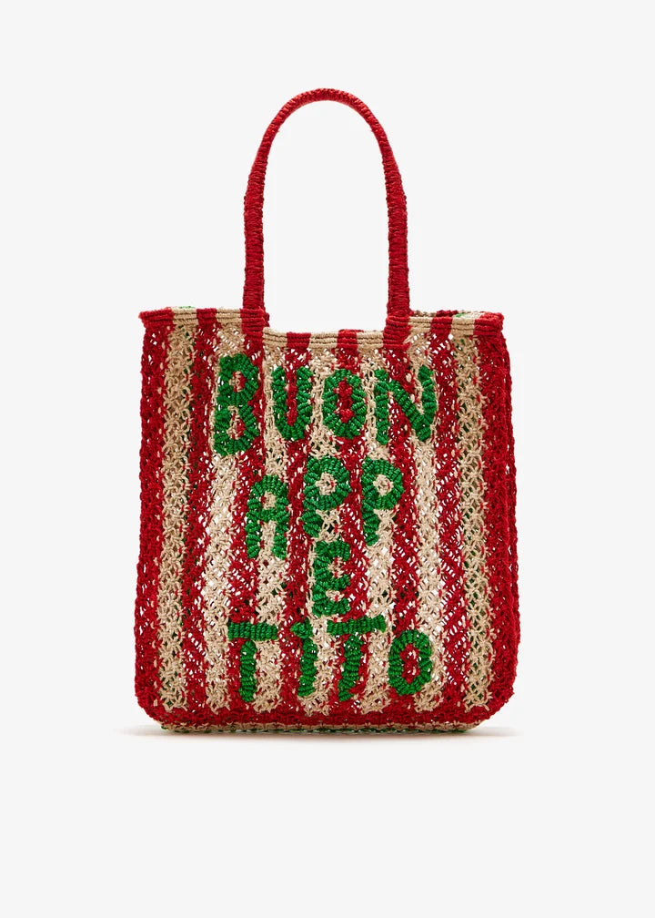 Red and green crocheted tote bag with striped pattern and handles — The Jacksons | Endless UAE