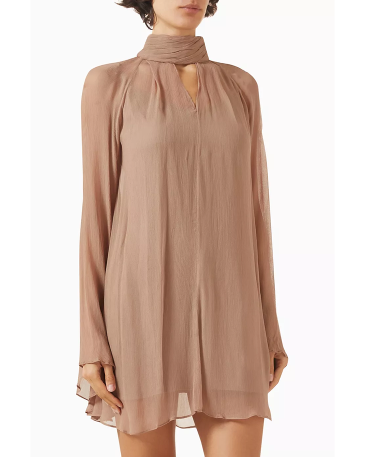 Taupe chiffon mini dress with long sleeves and turtleneck collar — Staud | Endless UAE