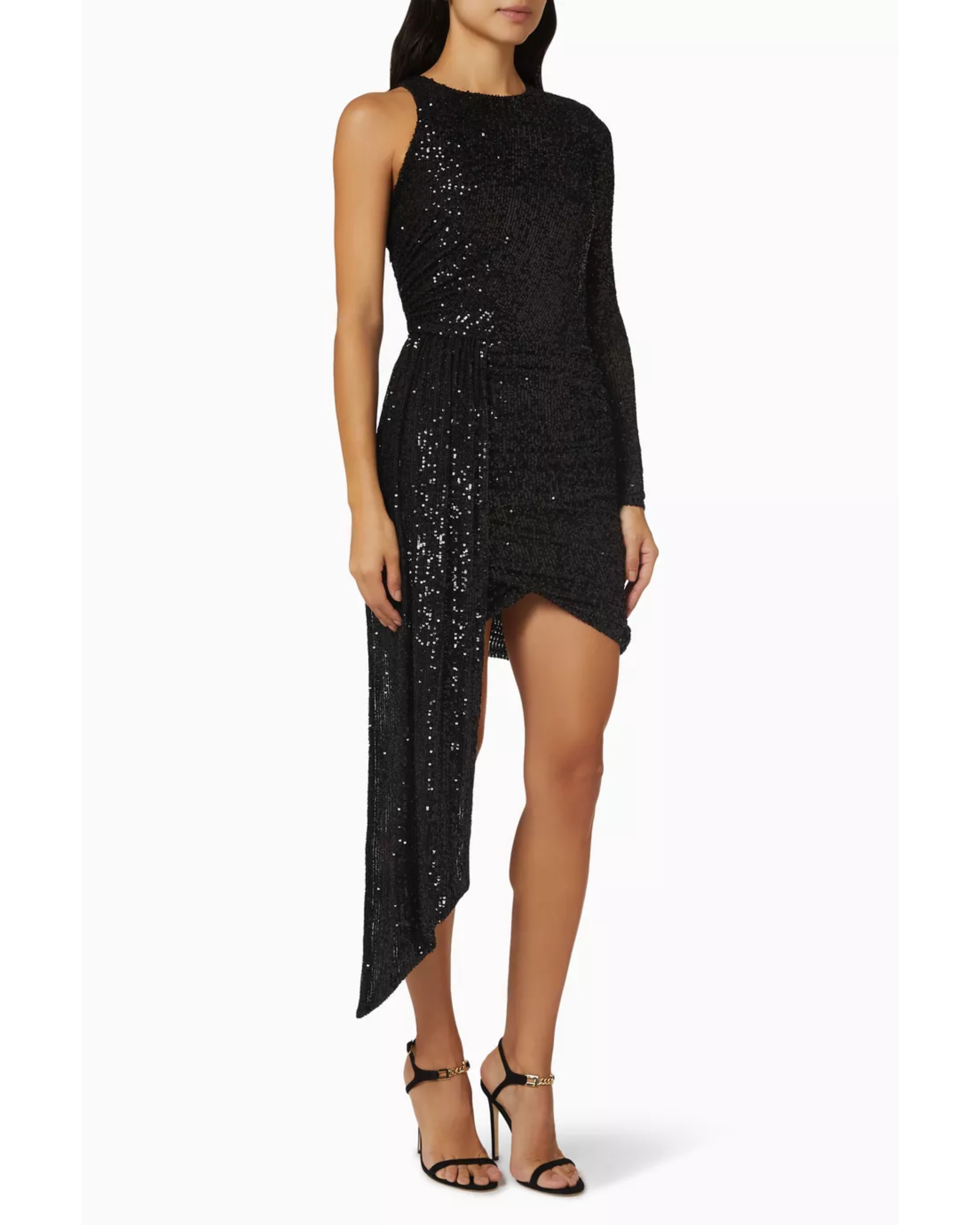Black asymmetric sequin mini dress with draped side detail — Elisabetta Franchi | Endless UAE