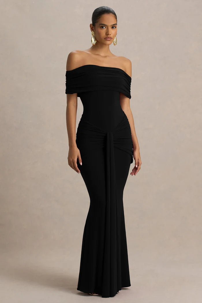 Black off-shoulder ruched maxi dress with bardot neckline — Club L London | Endless UAE