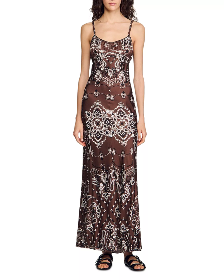Brown and white bandana print midi dress with spaghetti straps — Sandro | Endless UAE