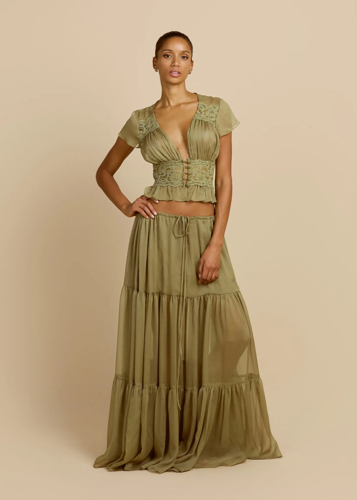Sabrina Skirt in sage green with tiered ruffles and drawstring waist — Arcina Ori | Endless UAE