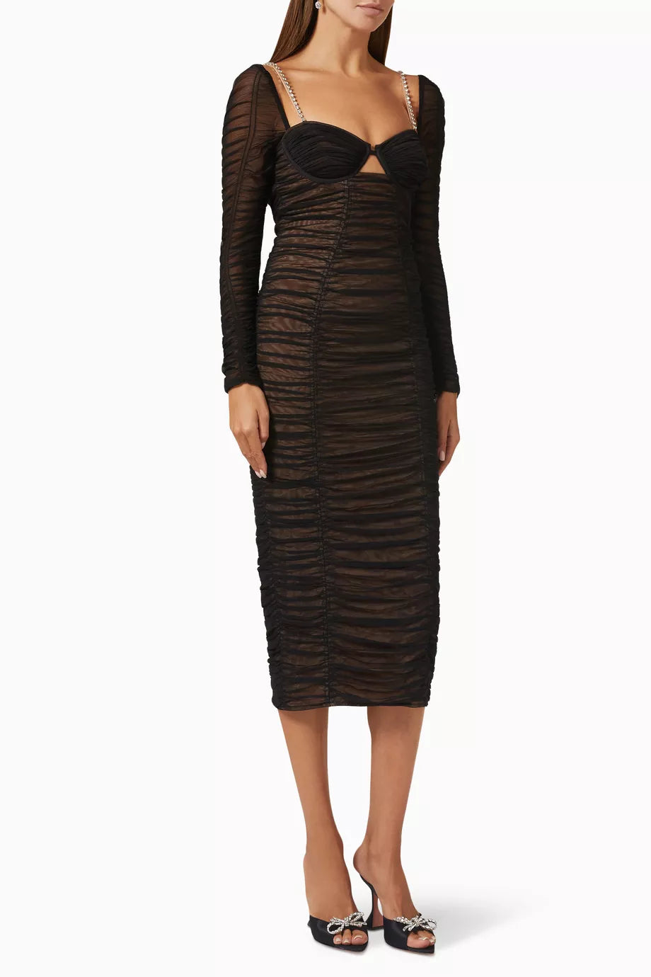 Black ruched midi dress with long sleeves and diamante straps — Self-Portrait | Endless UAE