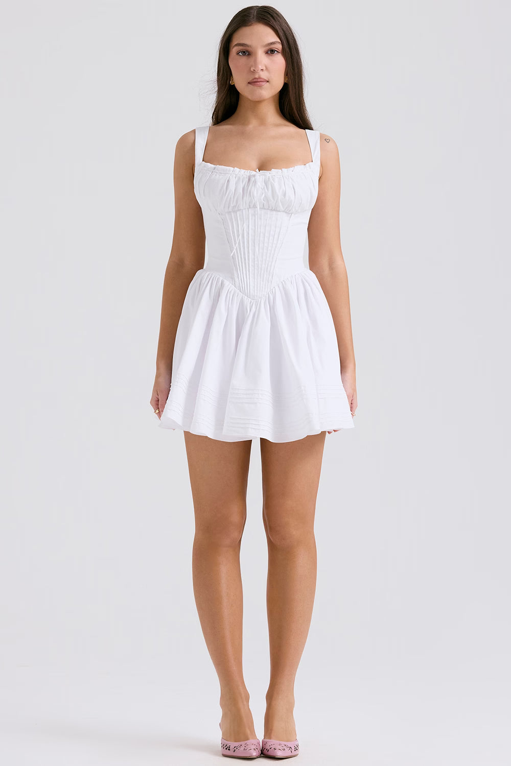 White corset cotton mini dress with square neckline and full skirt — House of CB | Endless UAE