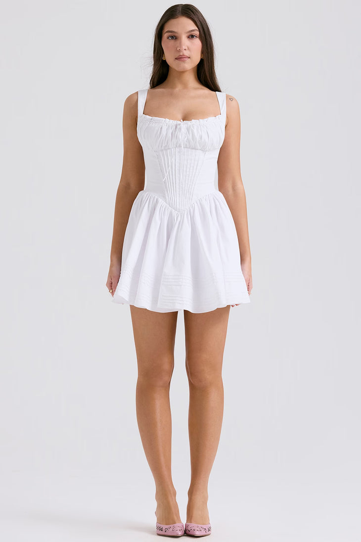 White corset cotton mini dress with square neckline and full skirt — House of CB | Endless UAE