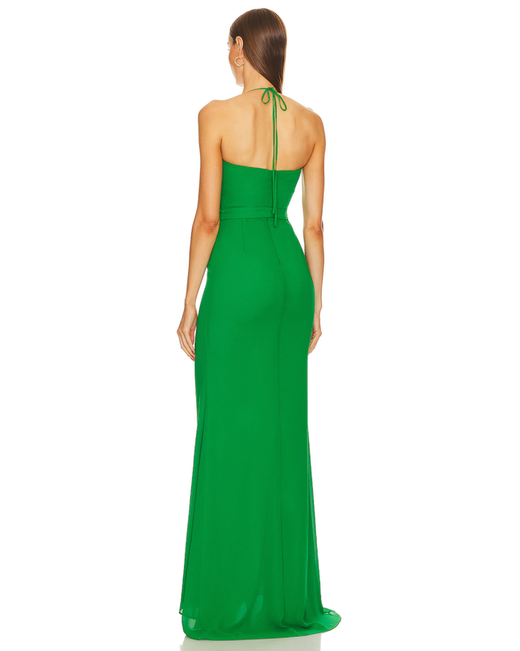 Woman wearing green draped cowl neck gown with waist tie and train — Michael Costello | Endless UAE