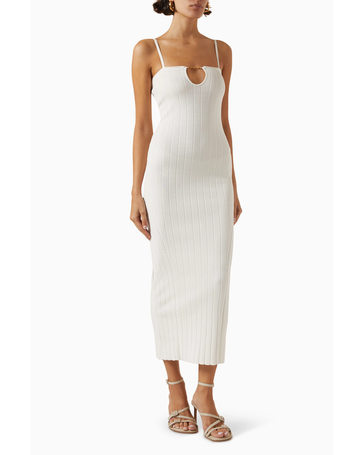 White ribbed midi dress with keyhole neckline and thin straps — Jacquemus | Endless UAE