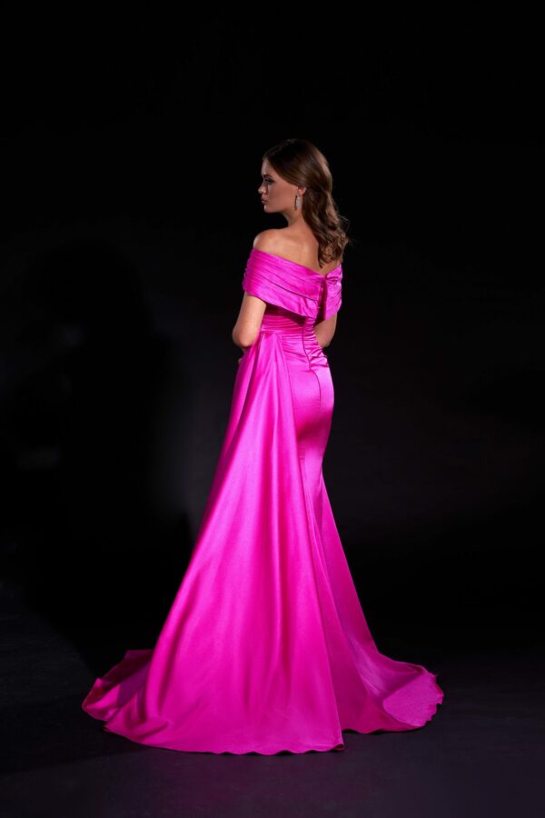 Magenta pleated off-shoulder gown with dramatic train — Sophia Bognem | Endless UAE
