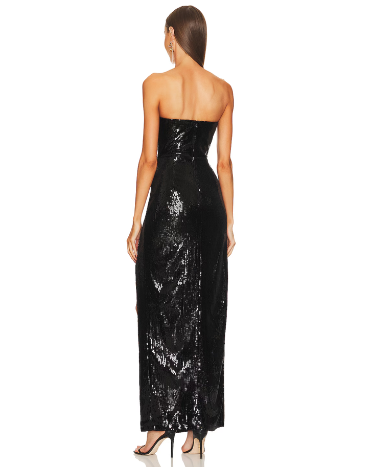 Black sequin strapless wrap maxi dress with high slit — Michael Costello | Endless UAE