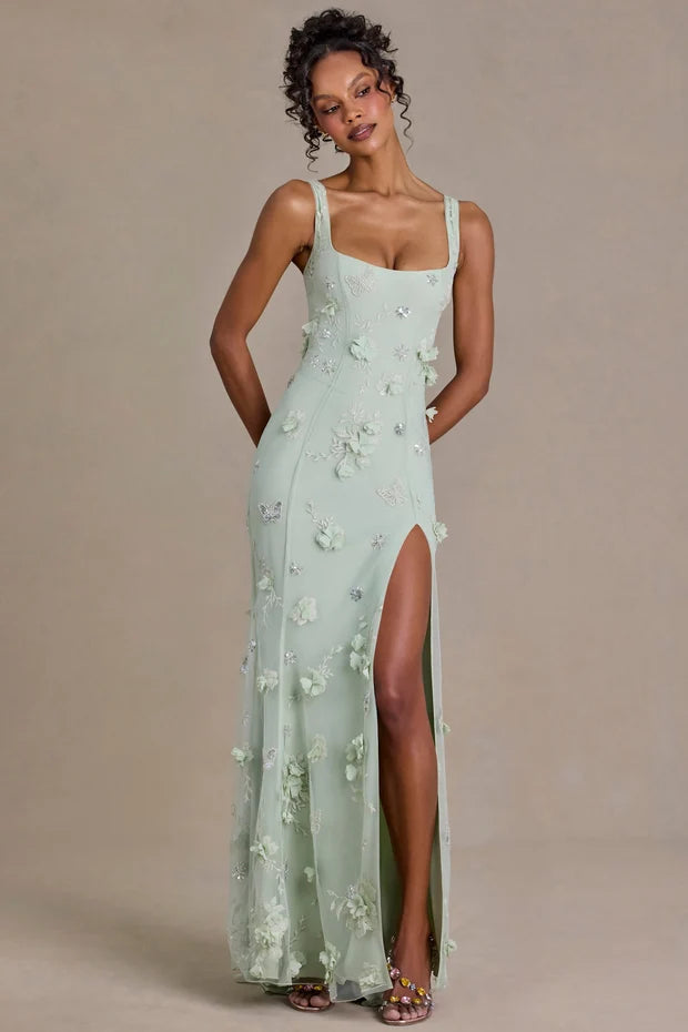Aurelia Embellished Corset Gown in sage green with floral beading and lace-up back detail — Oh Polly | Endless UAE
