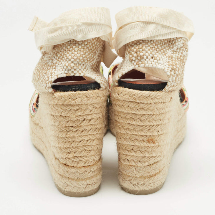 Castañer Carina canvas wedge espadrilles with colorful geometric knit pattern and cream ankle ties — Missoni | Endless UAE