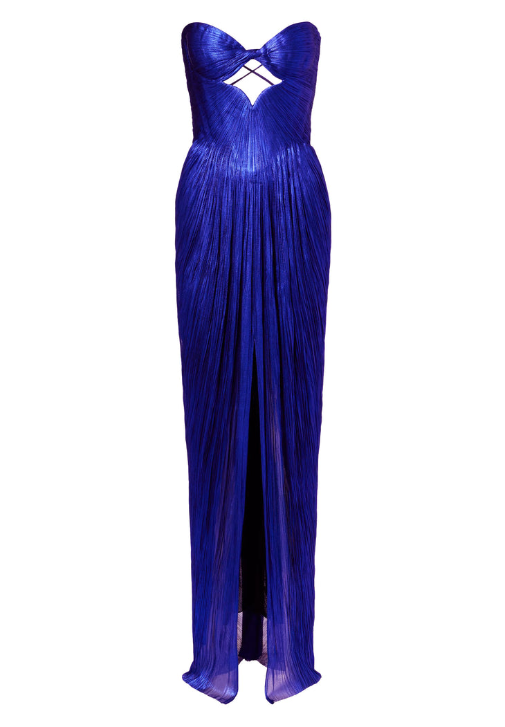 Royal blue pleated strapless maxi gown with cutout detail — Maria Lucia Hohan | Endless UAE