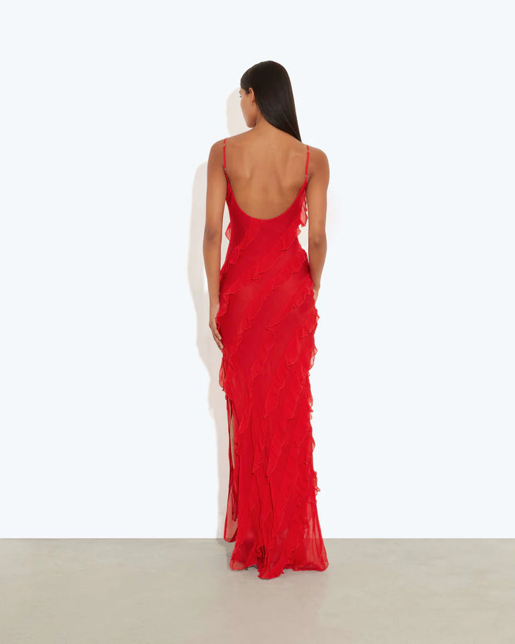 Red ruffled maxi dress with thin straps and V-neckline — Rat & Boa | Endless UAE