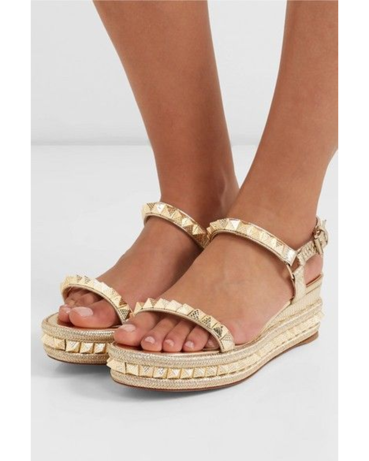 Gold studded platform sandal with ankle strap and espadrille sole — Christian Louboutin | Endless UAE