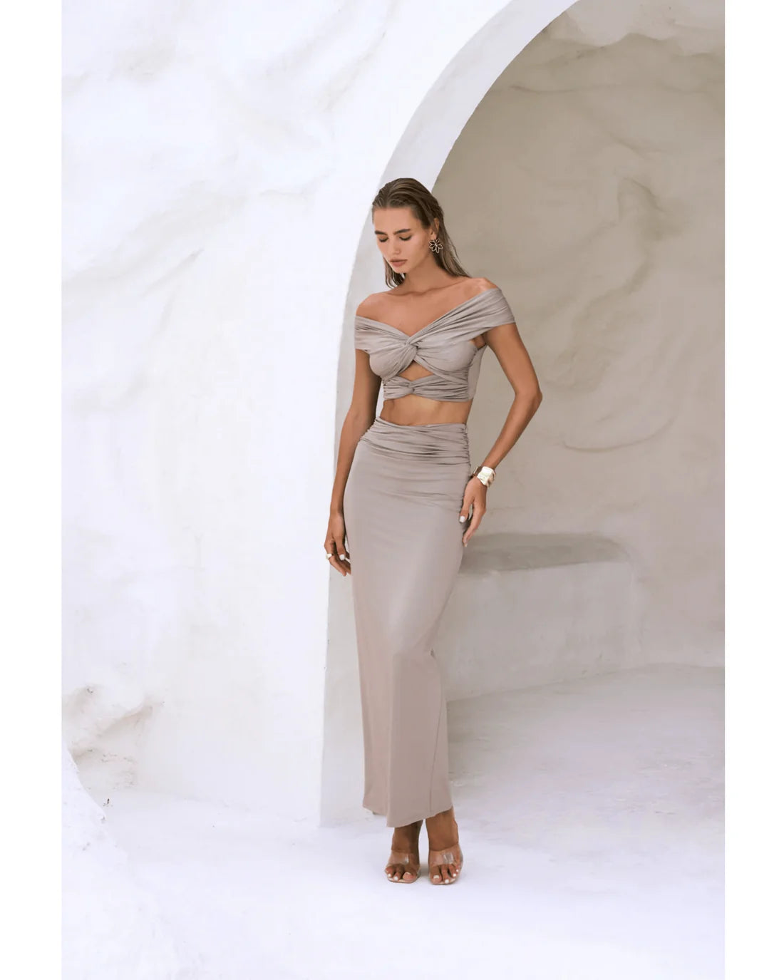 Beige ruched off-shoulder crop top and skirt co-ord set with twisted knot details — BY ALL'E | Endless UAE