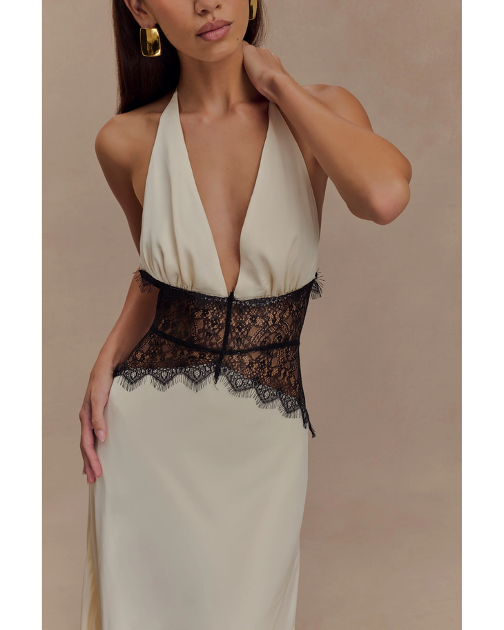 Cream halter neck gown with black lace waist detail and flowing satin skirt — Meshki | Endless UAE
