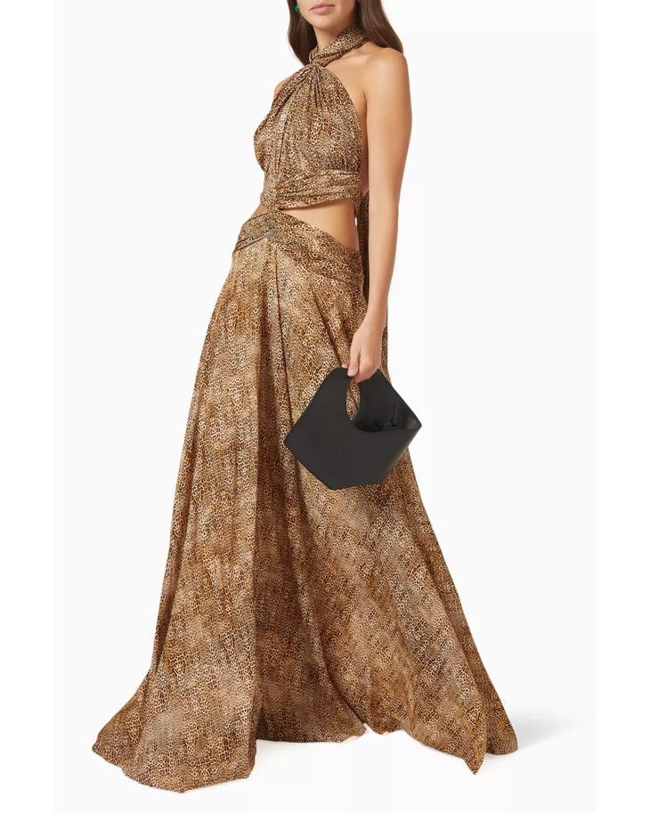 Gold sequin halter maxi dress with cutout waist detail — Alexis | Endless UAE