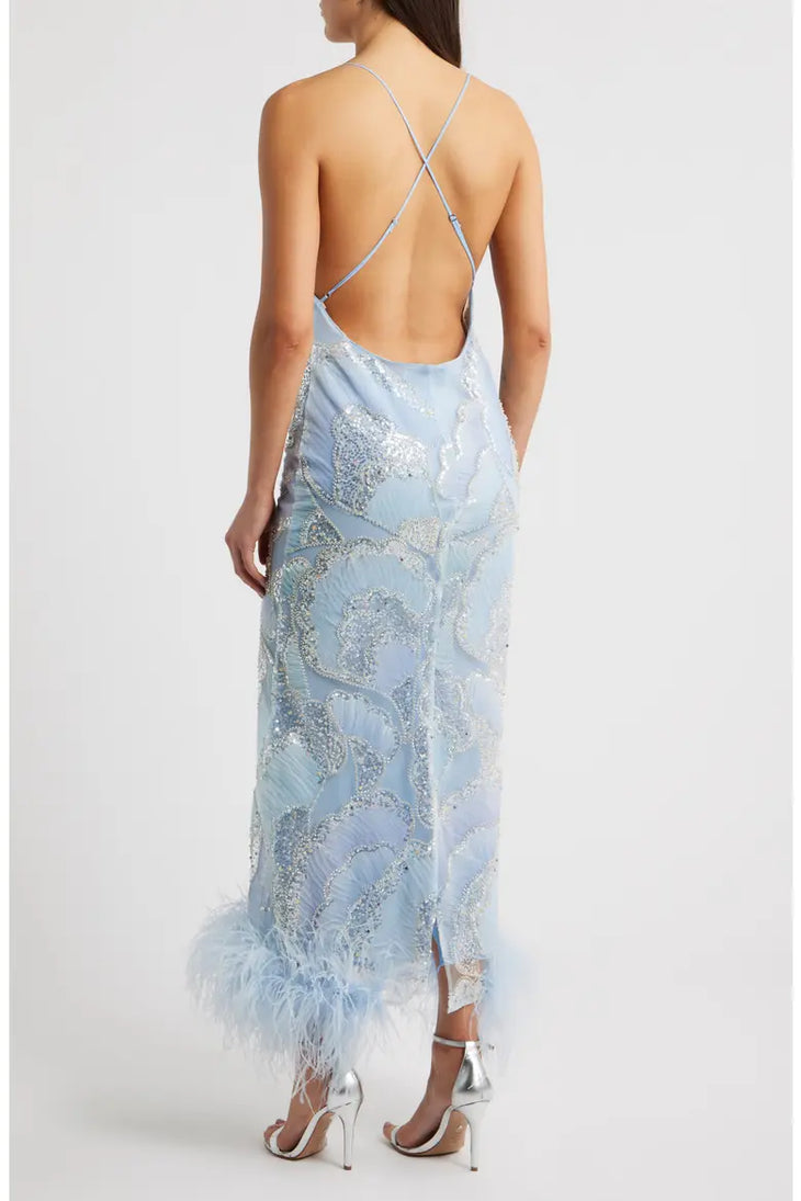 Light blue sequined gown with ostrich feather hem and thin straps — Delfi | Endless UAE