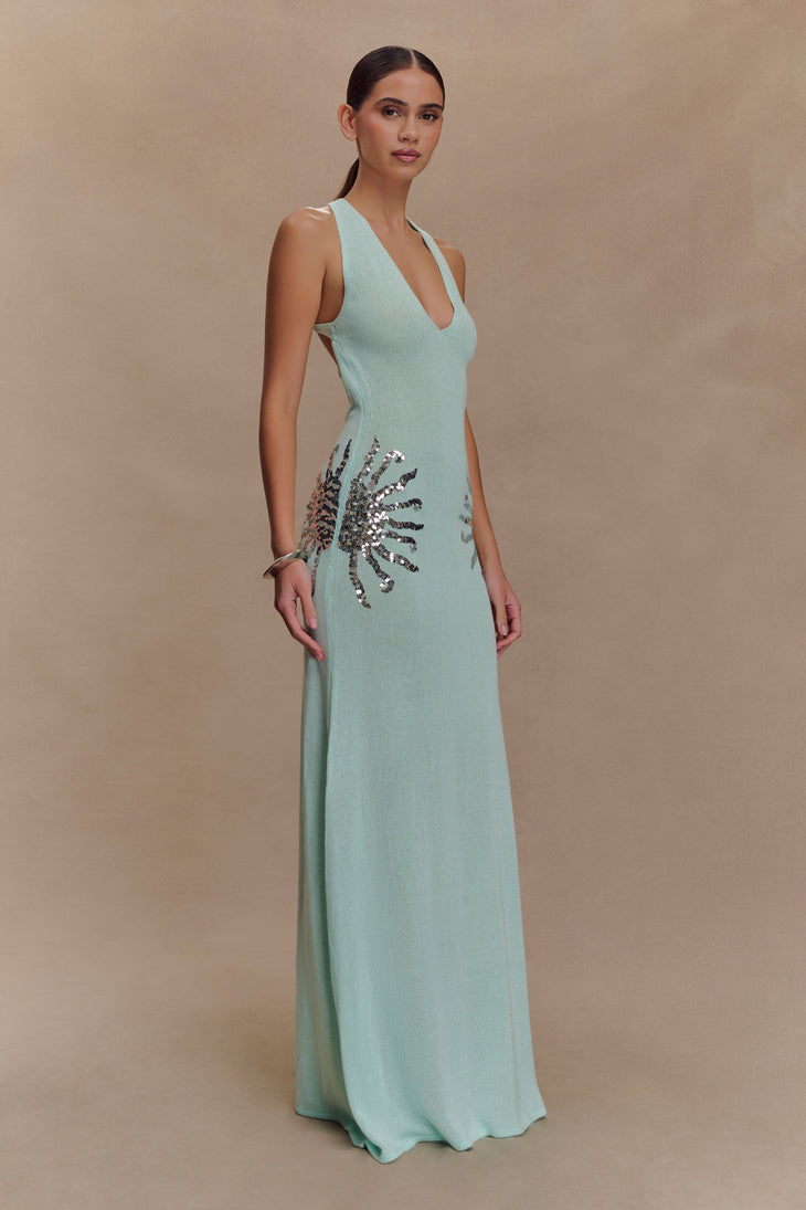 Light blue ribbed knit maxi dress with beaded leaf embellishments — Meshki | Endless UAE