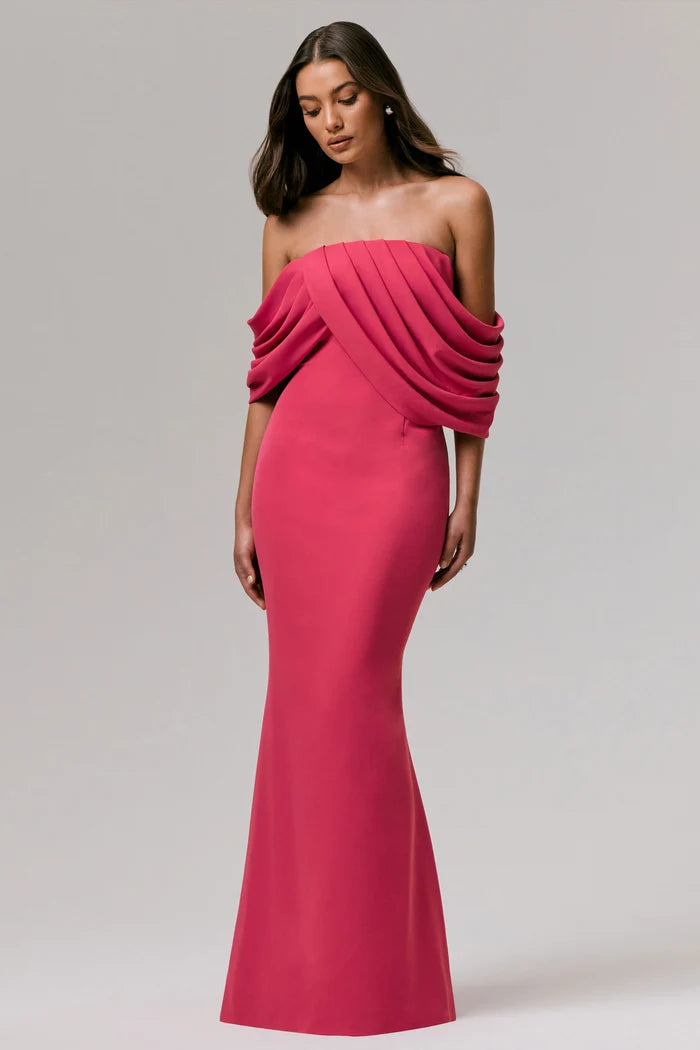 Woman wearing hot pink off-shoulder draped maxi dress with elegant draping detail — Club L London | Endless UAE