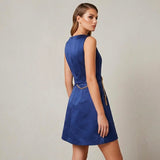 Woman modeling sapphire satin sleeveless mini dress with gold chain belt and navy heels — Elisabetta Franchi | Endless UAE