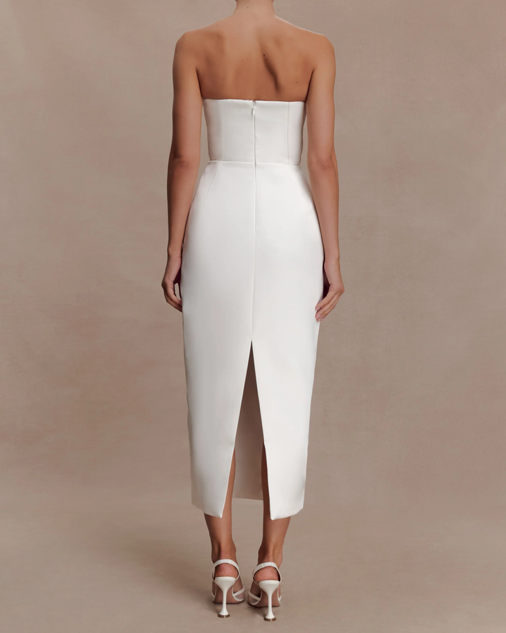 White strapless satin maxi dress with peplum waist detail — Meshki | Endless UAE