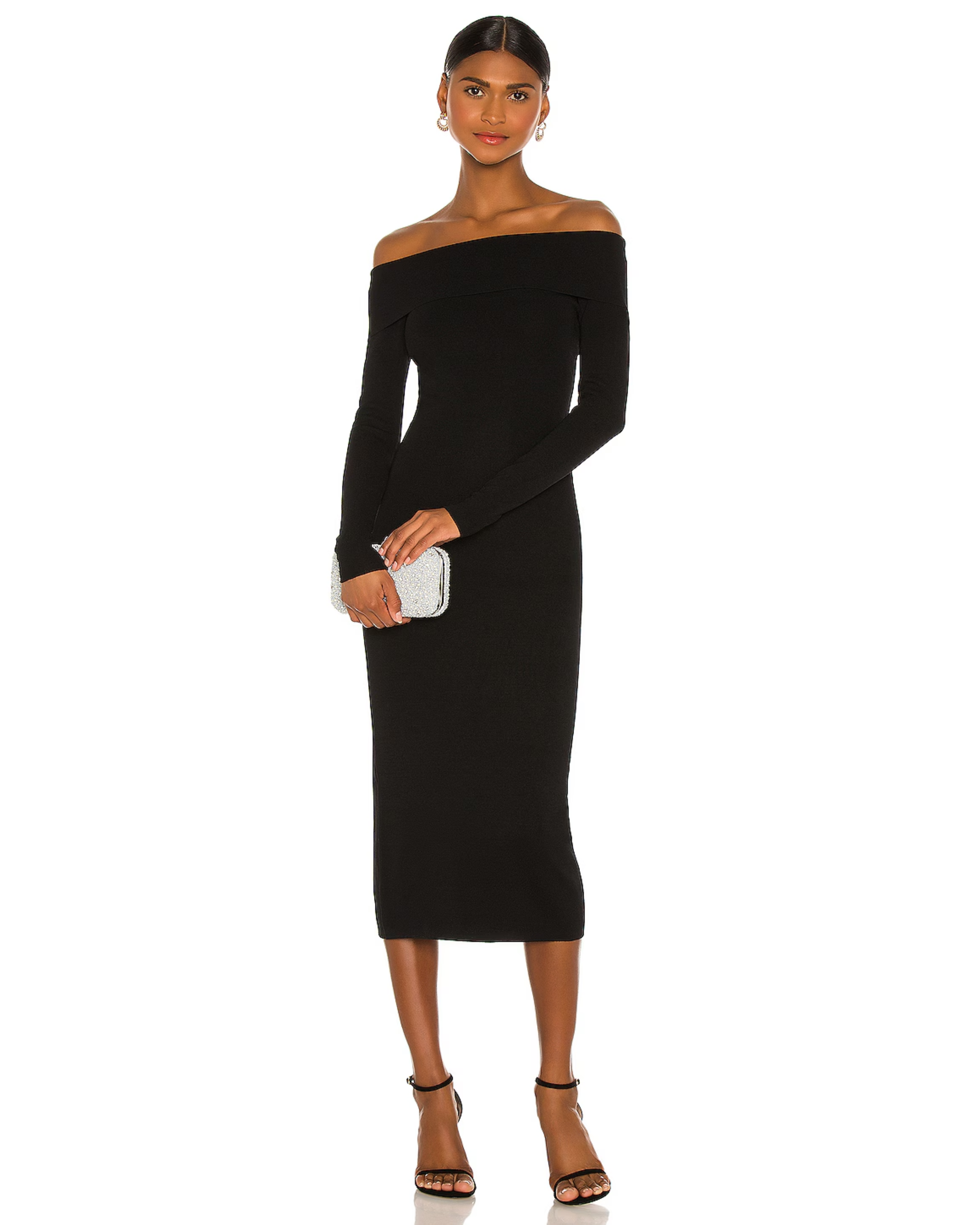 Black off-shoulder knit midi dress with long sleeves on model — Bardot | Endless UAE