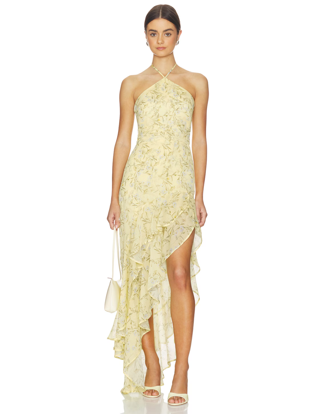 Carlina Dress in pale yellow floral print with halter neckline and asymmetrical ruffle hem — Amanda Uprichard | Endless UAE