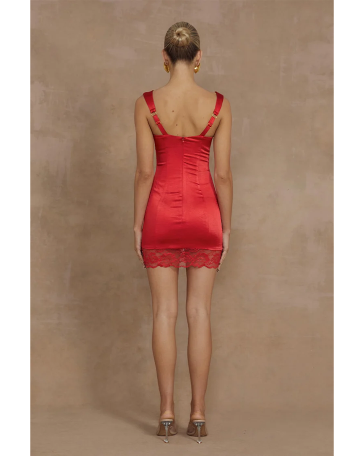 Red satin mini dress with sweetheart neckline and lace trim — Runaway The Label | Endless UAE