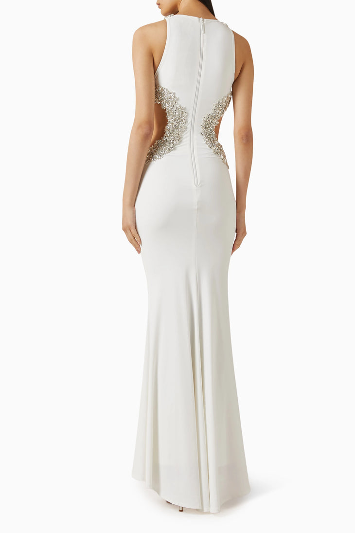 White sleeveless gown with rhinestone embellishments and side cutout details — Bronx & Banco | Endless UAE