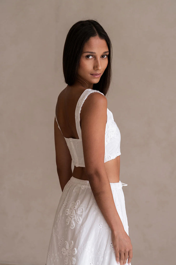 White embroidered crop top with square neckline and ruffle straps — Sabo | Endless UAE
