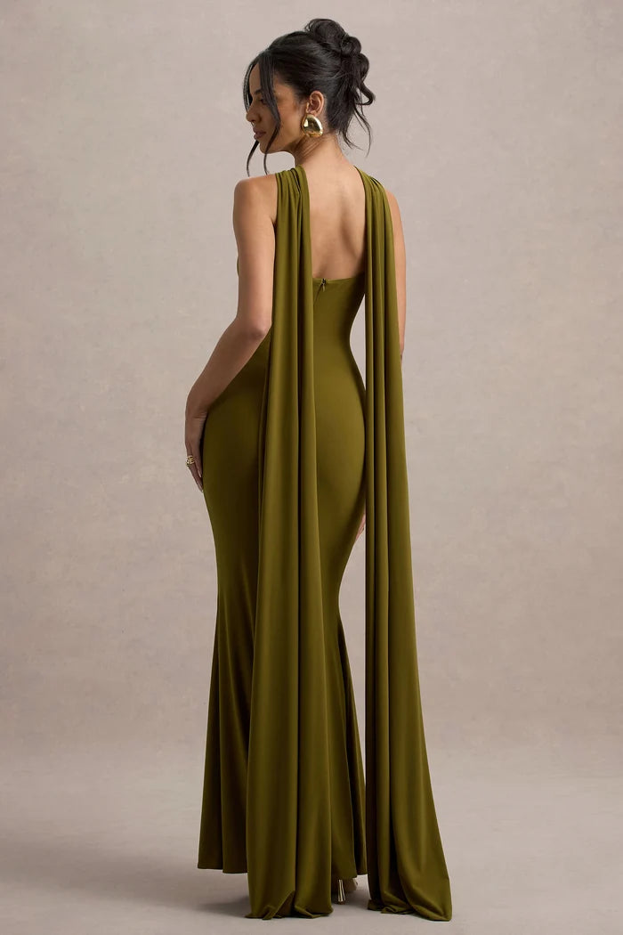 Olive green halter-neck cape maxi dress with twisted neckline detail — Club L London | Endless UAE