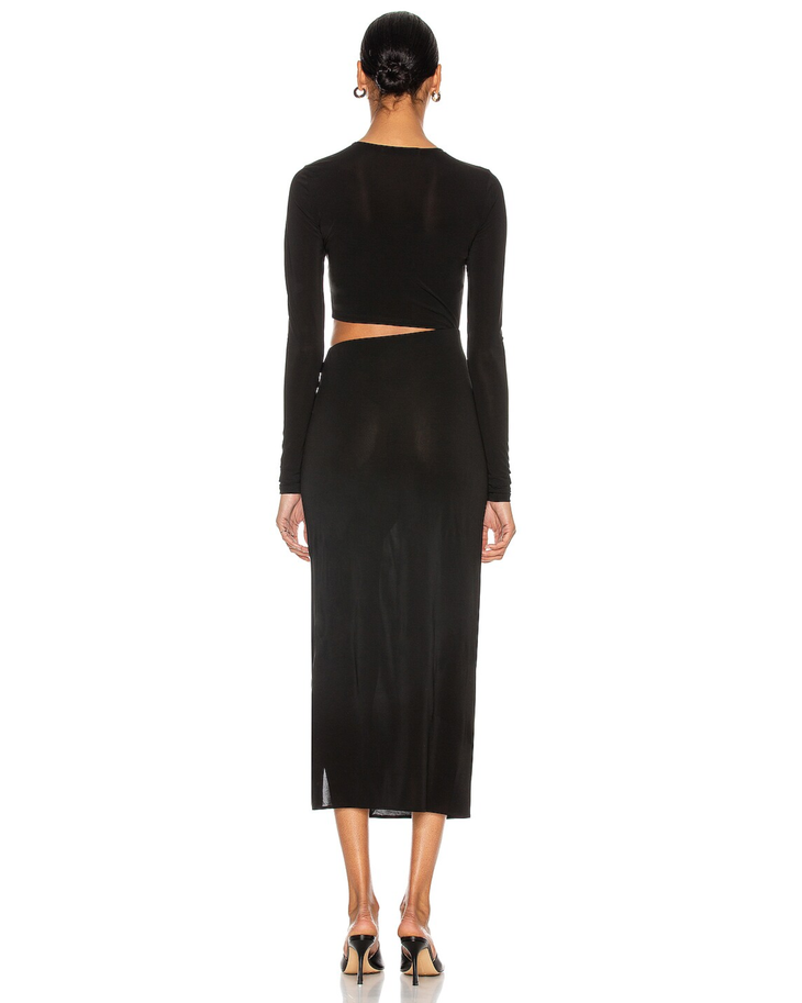 Black cut-out midi dress with long sleeves and high slit — The Andamane | Endless UAE