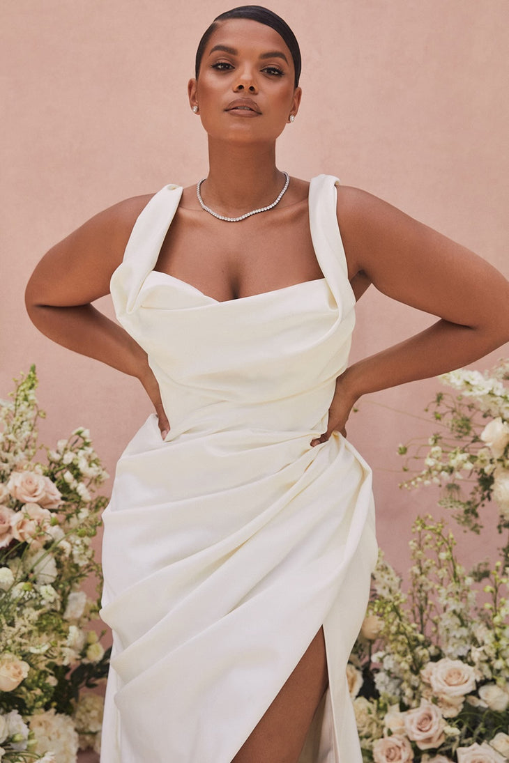 Delphine Ivory Draped Corset Bridal Gown with off-shoulder design and flowing train — House of CB | Endless UAE