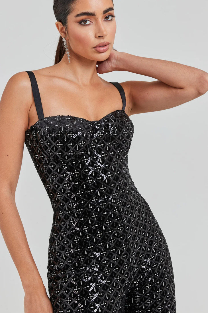 Black sequin jumpsuit with sweetheart neckline and flared legs — Nadine Merabi | Endless UAE