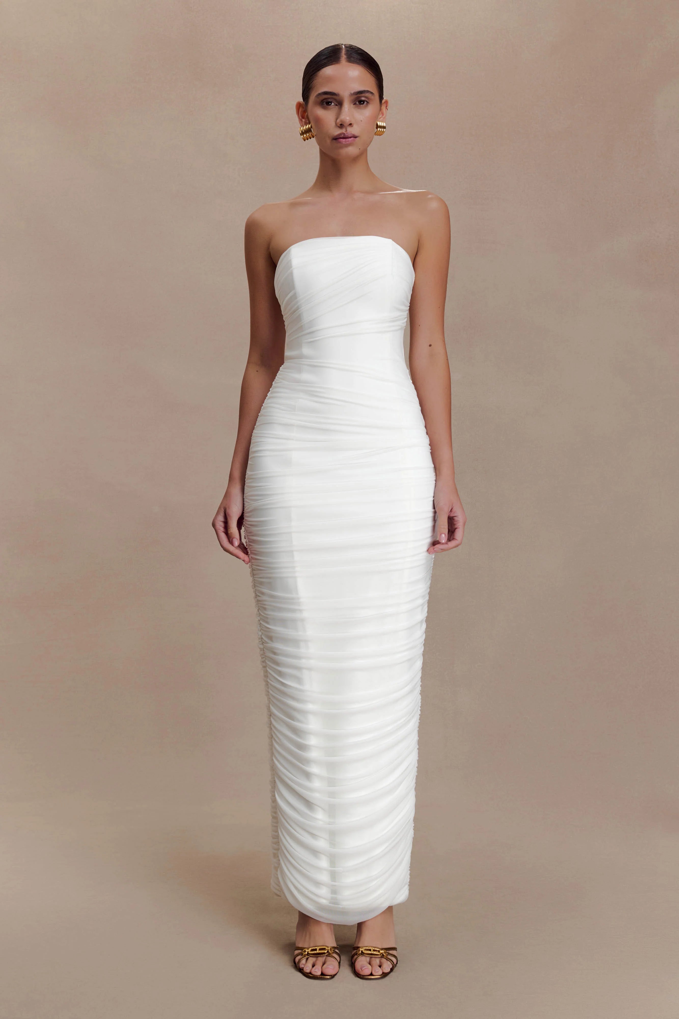 White strapless ruched mesh maxi dress with fitted silhouette — Meshki | Endless UAE