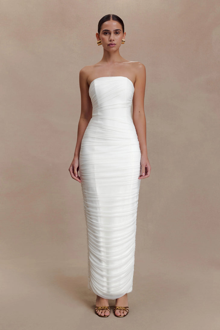 White strapless ruched mesh maxi dress with fitted silhouette — Meshki | Endless UAE