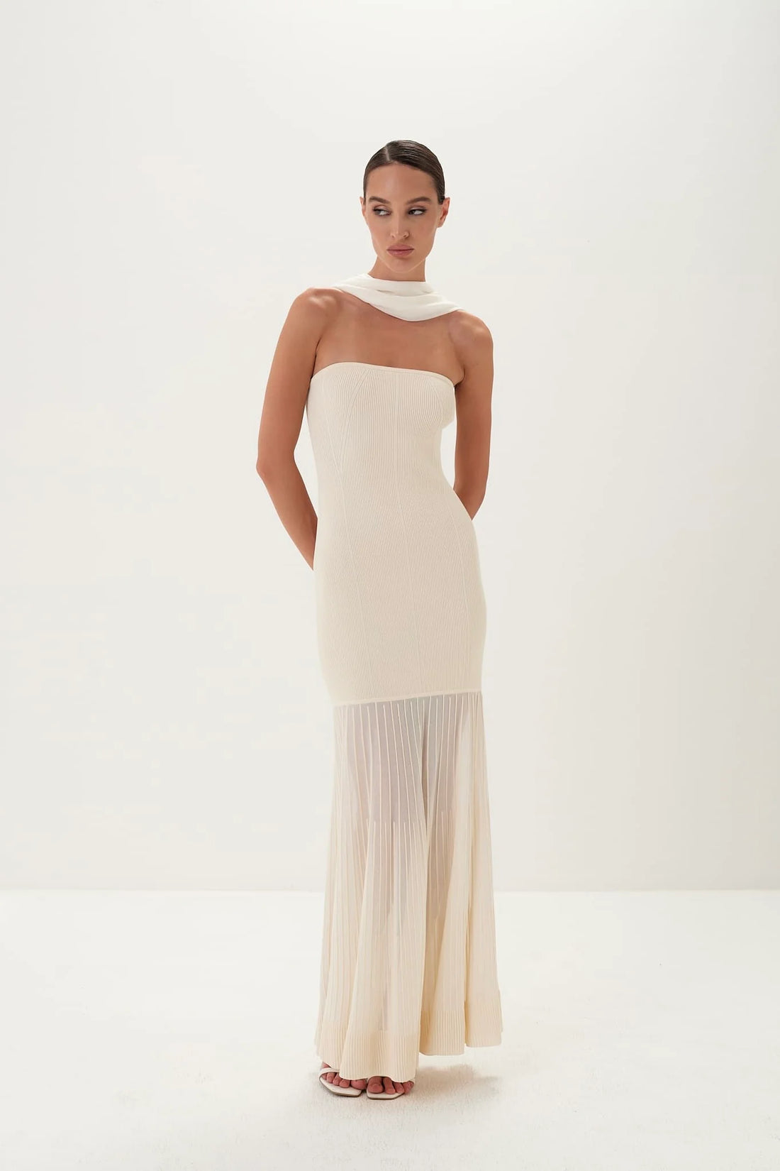 Cream ribbed strapless maxi gown with detachable scarf collar and pleated hem — Nora The Label | Endless UAE