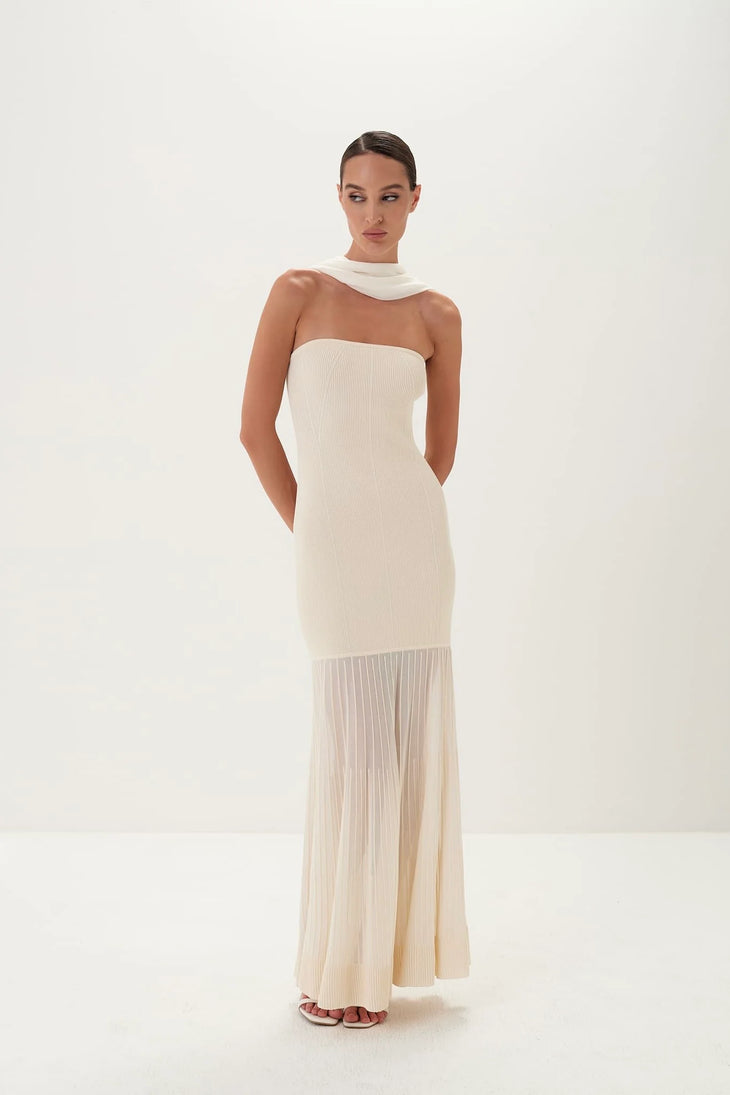 Cream ribbed strapless maxi gown with detachable scarf collar and pleated hem — Nora The Label | Endless UAE
